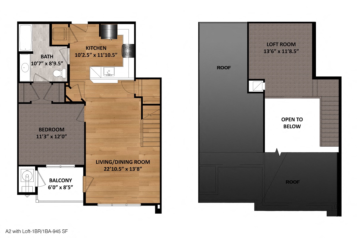 Floor plan for 1 bed, 1 bath, 945 sqft